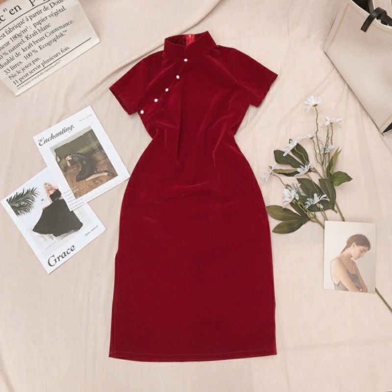 Sườn Xám Nhung Đỏ Đính Hạt Phiên Bản Tết 40-70kg