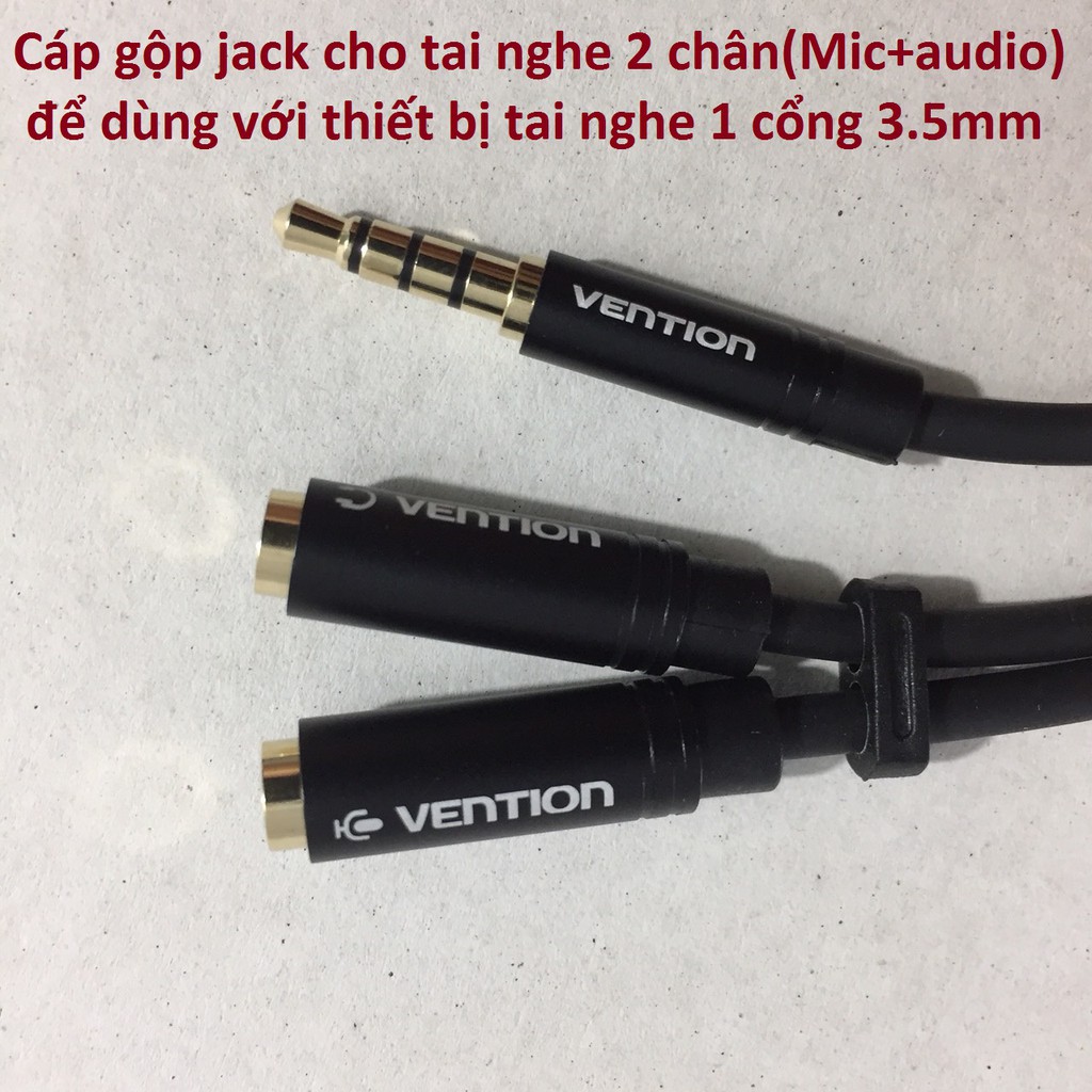 Cáp gộp jack cho tai nghe 2 chân(Mic và Audio) đề dùng với thiết bị 1 cổng 3.5mm thương hiệu Vention