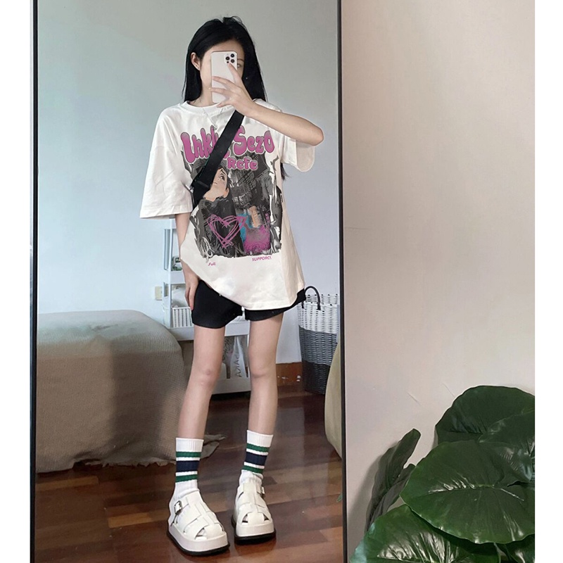 Xiaozhainv Áo Thun Ngắn Tay Dáng Rộng In Hình Hoạt Hình Dành Cho Cặp Đôi