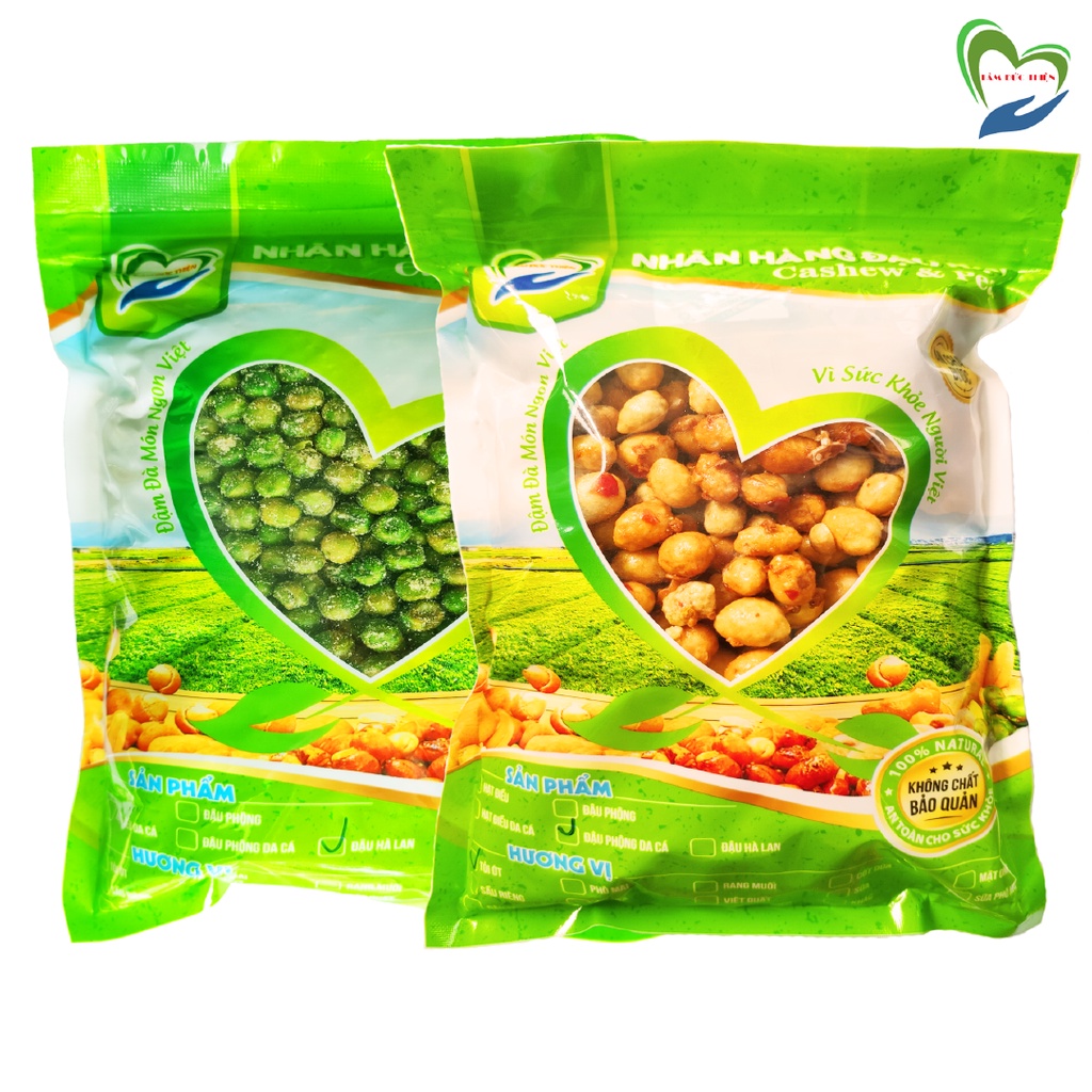 Combo 1KG: Đậu Phộng Da Cá Rang Tỏi Ớt/ Đậu Hà Lan Phô Mai Tâm Đức Thiện ( 2 x Túi 500GR)
