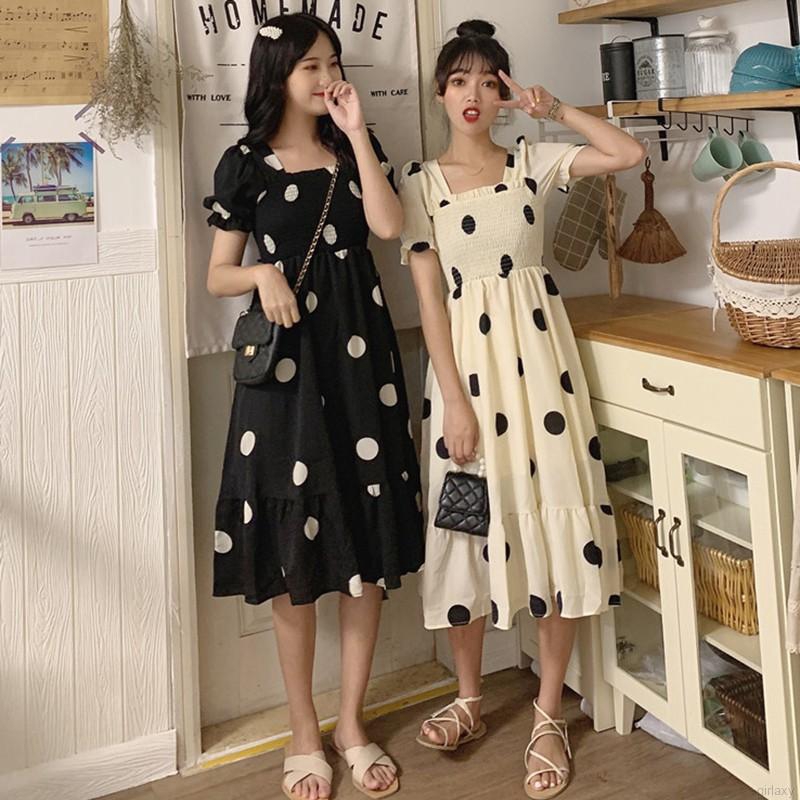 Đầm Tay Ngắn Phối Nơ Phong Cách Bohemian Hàn Quốc