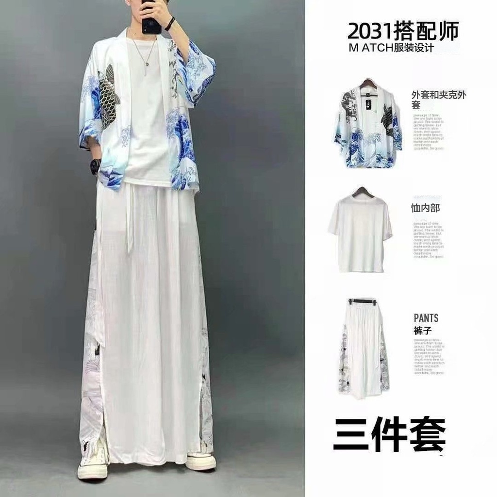 Bộ đồ hán phục in họa tiết phong cách Trung Hoa cổ điển thời trang mùa hè cho nam