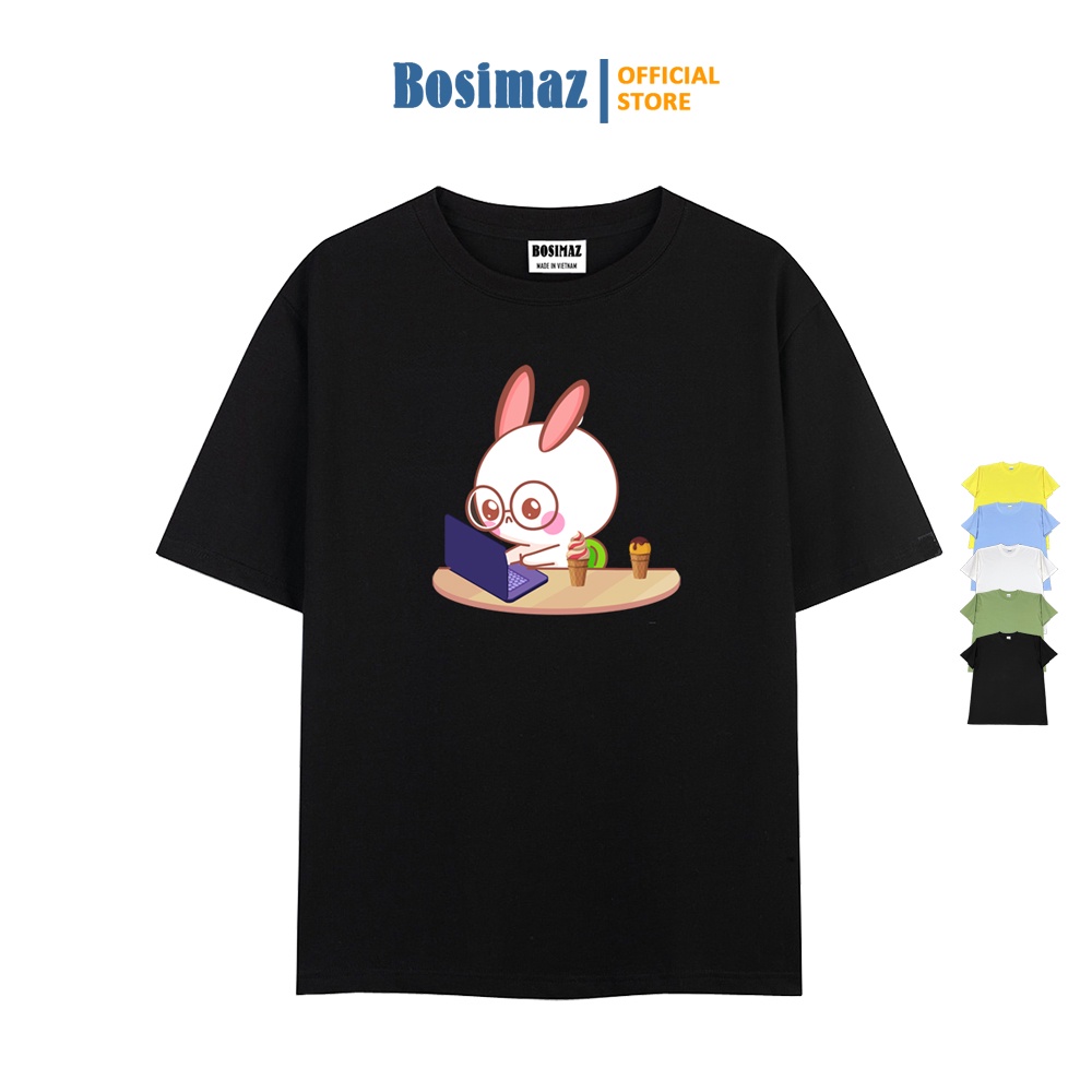Áo thun Unisex Bosimaz TS013 cổ tròn tay lỡ phom rộng in hình thỏ, thun contton 100%, vải đẹp dày, thoáng mát.