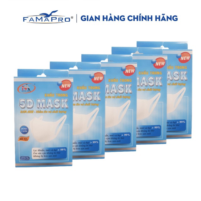 [HỘP-10 CÁI-QUAI VẢI] COMBO 5 HỘP Khẩu trang y tế kháng khuẩn 3 lớp Famapro 5D Mask