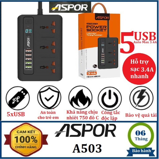 Ổ cắm điện thông minh chính hãng ASPOR A503 tự điều áp với 5 cổng USB Sạc nhanh 3.4A ,dây dài 2M ( Tiêu Chuẩn EU-ảnh )