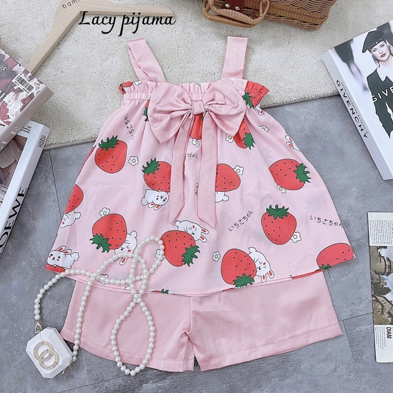 Bộ bé gái từ 16-32kg chất lụa Mago cao cấp❤️Bộ quần áo mặc nhà thiết kế 2 dây bản to phối nơ cho bé gái siêu xinh-M0054