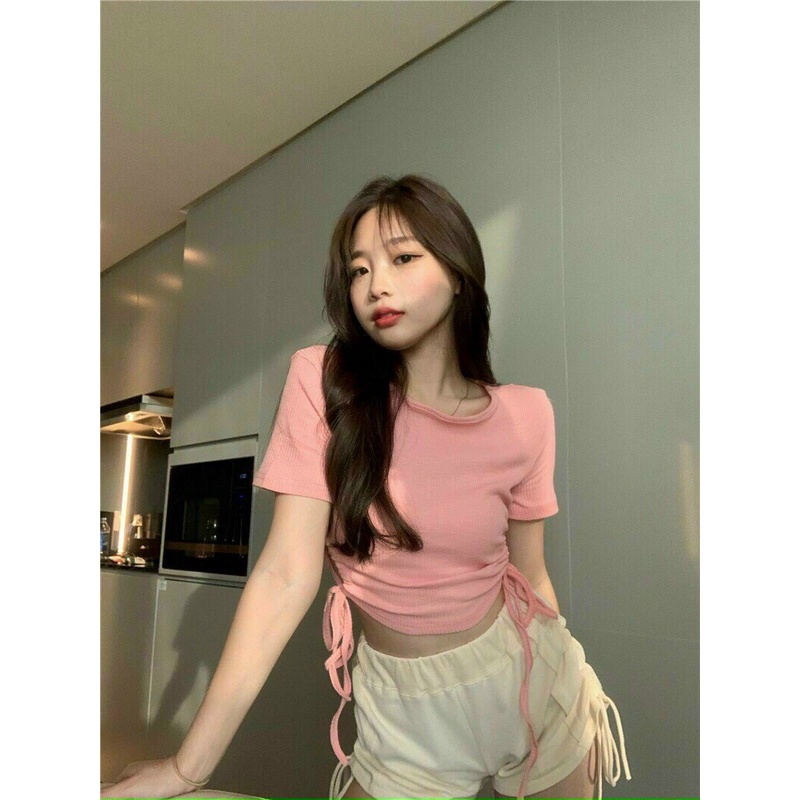 áo kiểu croptop rút dây 2 bên luồn eo cá tính chất thun gân