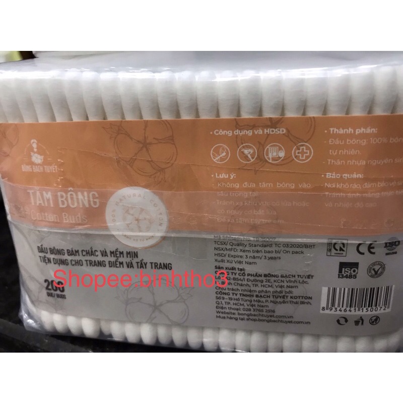 Tăm bông bạch tuyết cotton buds (đầu bông 100% bông xơ tự nhiên, thân nhựa nguyên sinh, đầu bông bám chắc và mềm mại....