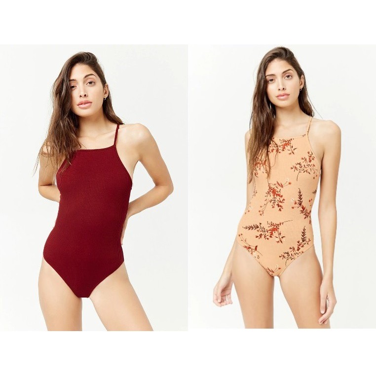 Bodysuit 2 dây trơn thun gân F21 cổ yếm 00270544