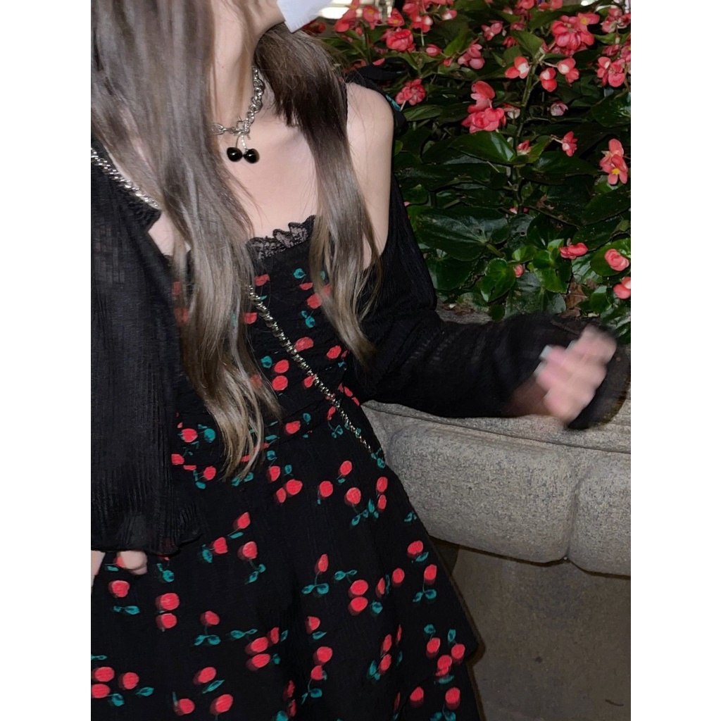 Set Đầm Hai Dây Họa Tiết Trái Cherry + Áo Khoác Cardigan Mỏng Chống Nắng Dành Cho Nữ