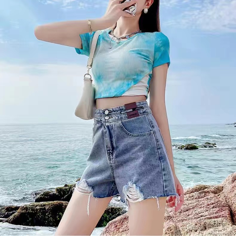 Quần đùi jean rách màu đen đường phố Quần short cạp cao ống rộng phong cách hàn quốc cho nữ