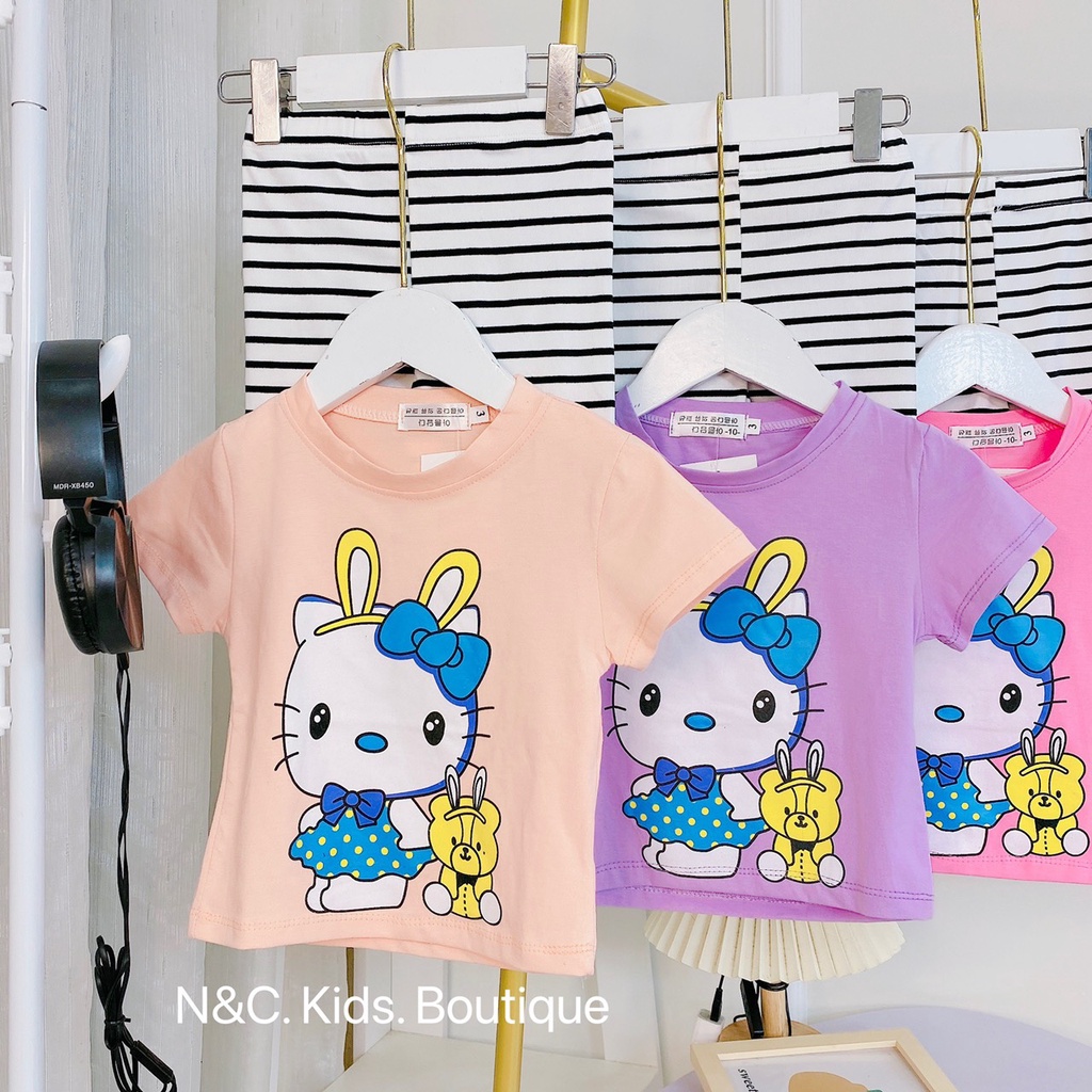 Bộ bé gái cotton tầu mèo Kitty quần legging ngố đùi kẻ sọc nhí đại 8-35kg XHN918