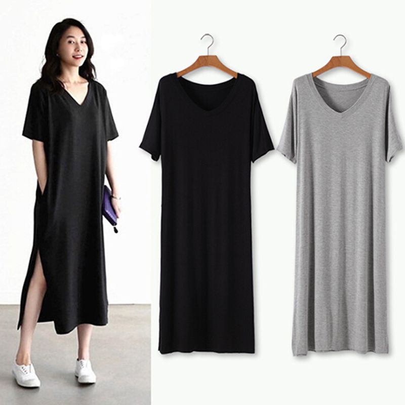 Đầm dài cổ chữ V ngắn tay xẻ tà màu trơn thời trang cho nữ