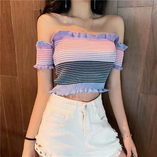 Áo Thun Nữ Trễ Vai Ngắn Tay Sọc Ngang Thời Trang