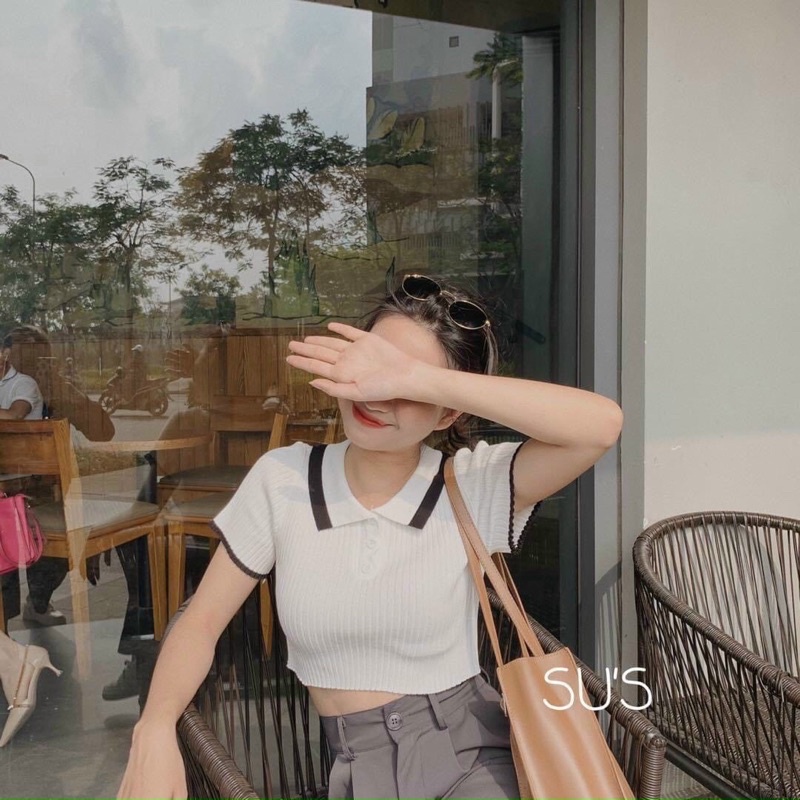 Áo len croptop cổ bẻ viền QC