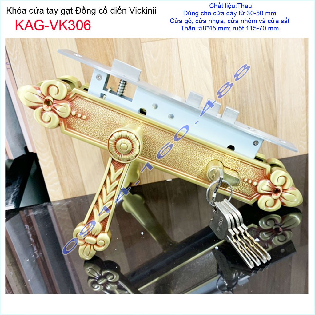 Khóa cửa vàng đồng cao cấp KAG-VK306, Khóa cửa phong cách Hoàng Gia mạ vàng đồng cao cấp