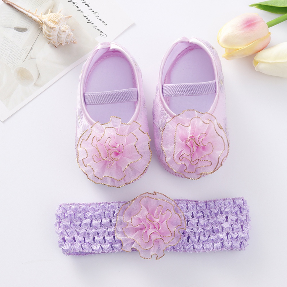 Giày tập đi mềm mại kèm băng đô ren dễ thương cho bé gái 0-12 tháng tuổi