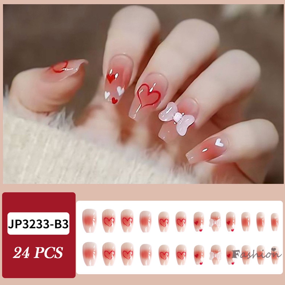 Bộ 24 Móng Tay Giả Hình Nơ Đỏ Trắng Trái Tim Có Thể Tháo Rời Ốp