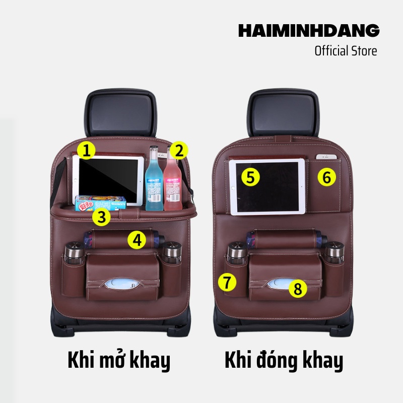 Túi da treo ghế sau ô tô có bàn cao cấp, túi để đồ đa năng, đựng đồ trên ô tô kiêm giá đỡ chất liệu da pu bền