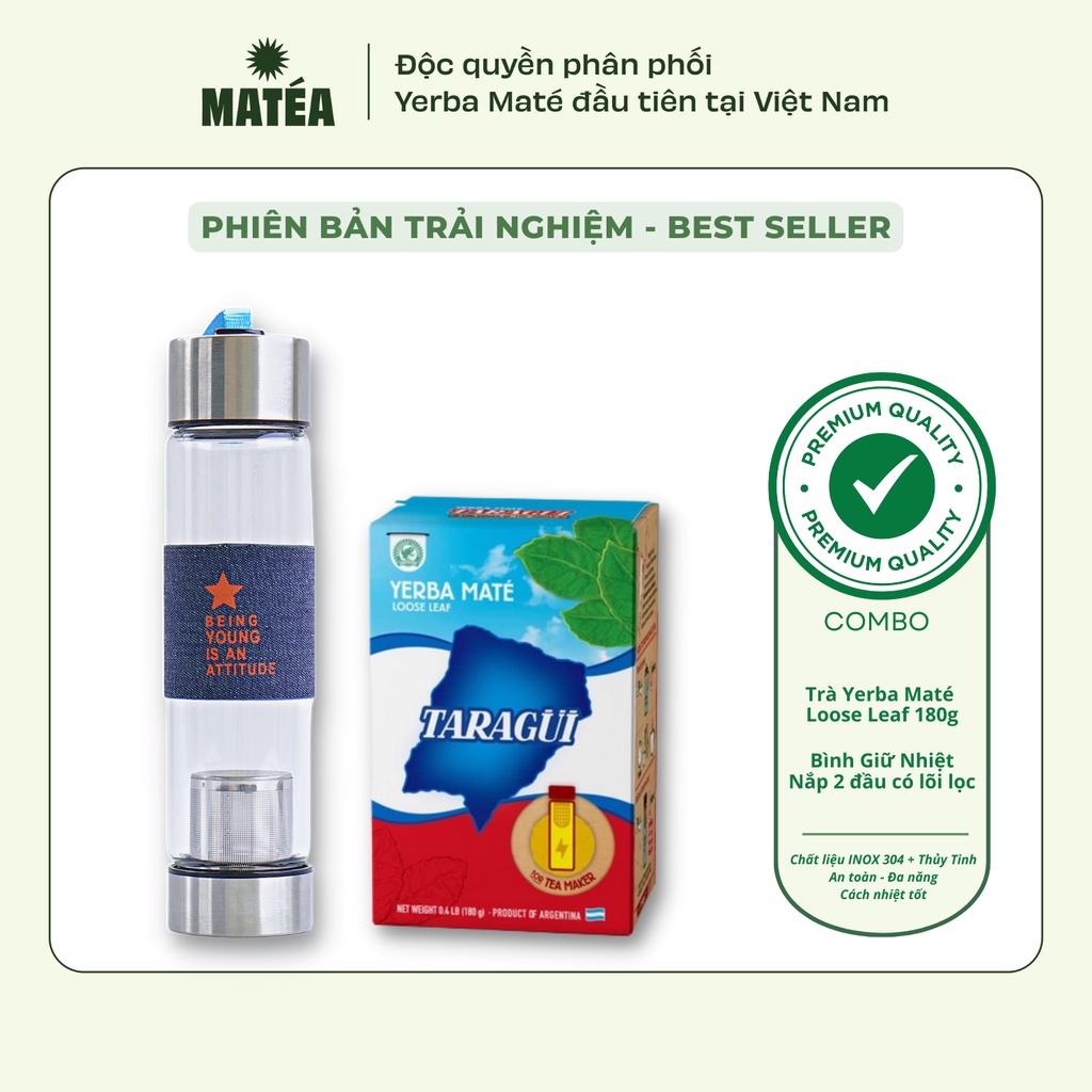 Trà Yerba Maté Loose Leaf 180g + Bình Giữ Nhiệt Thủy Tinh Nắp 2 Đầu Có Lõi Lọc Tiện Lợi 500ml