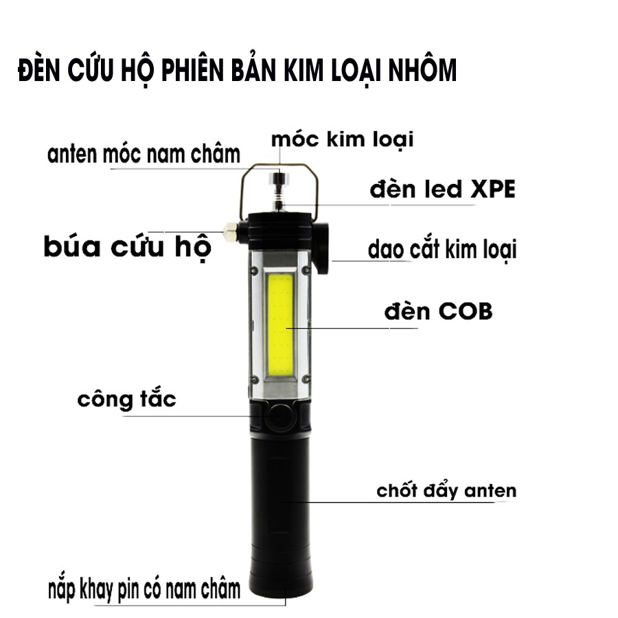 Đèn pin siêu sáng đa năng,phiên 6 trong 1 bản kim loại nhôm,có đèn XPE , đèn COB, có búa cứu hộ, có dao móc,có nam châm,