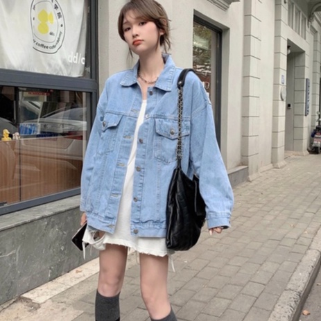 ZHELIHANGFEI Áo Khoác Denim Tay Dài Có Cổ Form Rộng Dễ Phối Đồ
