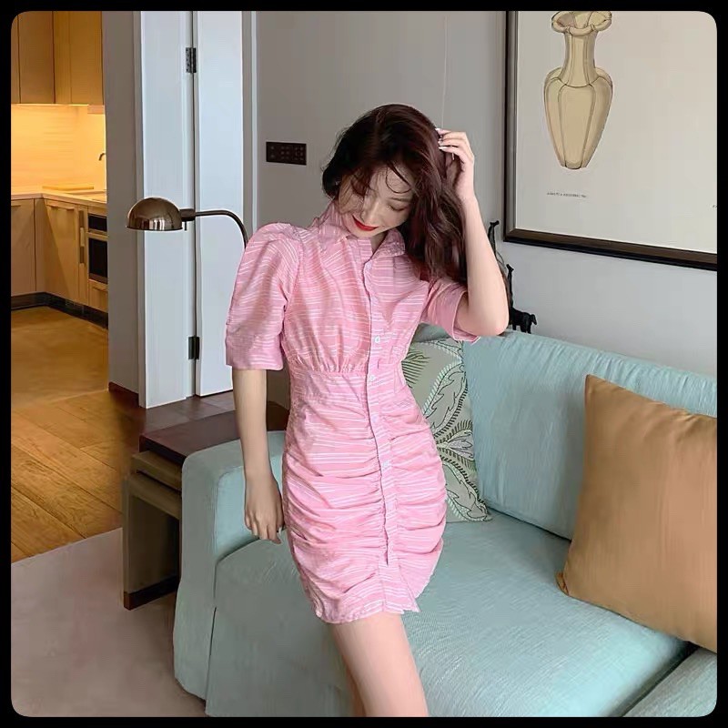 Váy nữ đẹp 💯QUẢNG CHÂU💯đầm nữ caro phong cách Hàn Quốc nhún kiểu phối khuy trắng