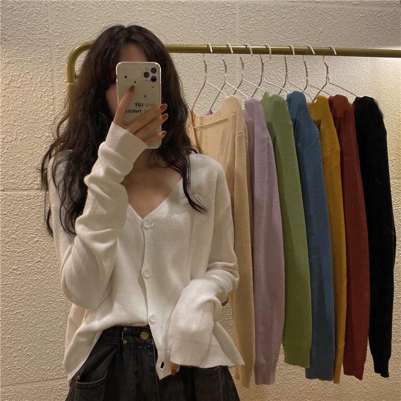 COZOK Áo khoác cardigan cổ chữ V form rộng phong cách Hàn Quốc