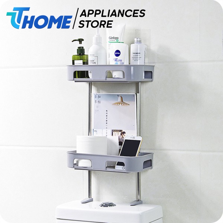 Kệ để đồ 2 tầng nhà tắm khung inox kèm tấm dán chịu lực không cần khoan tường TT-HOME