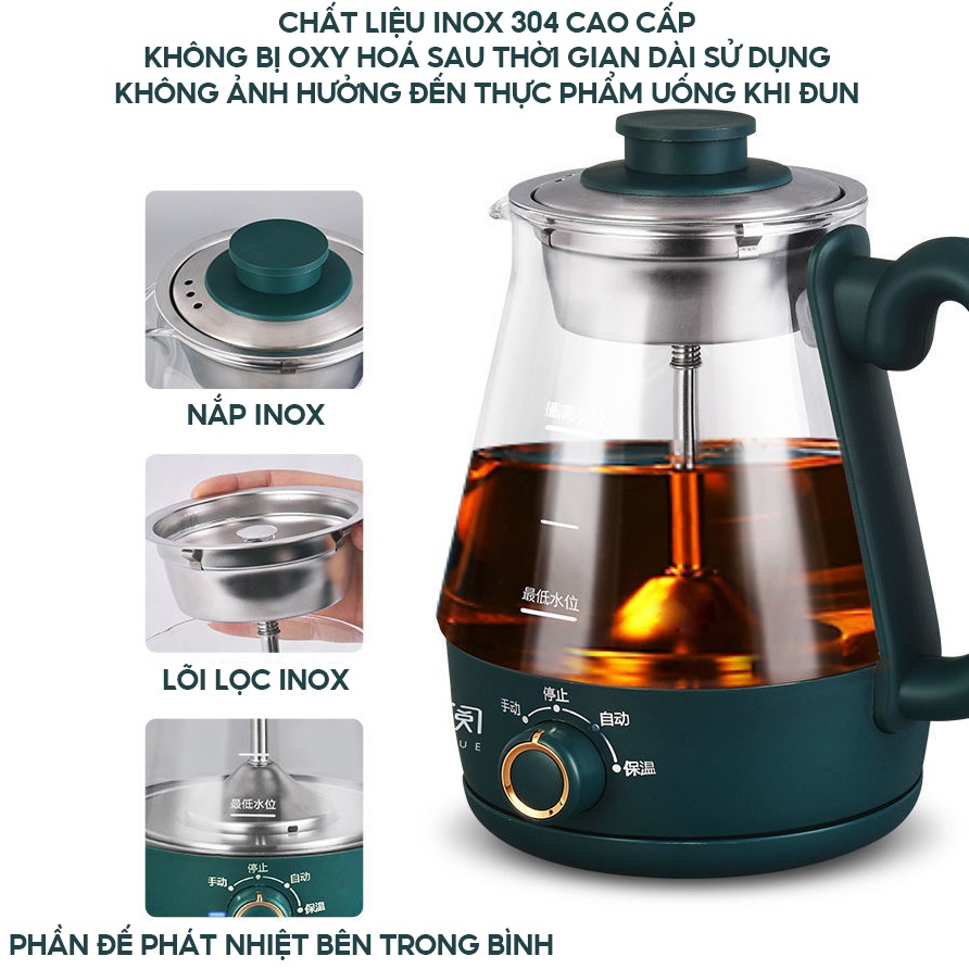 Bình Đun Điện Nấu Trà Dưỡng Sinh Có Đế Rời, Dung Tích 1 Lít Nấu Trà Nấu Nước Giữ Nhiệt Đa Năng