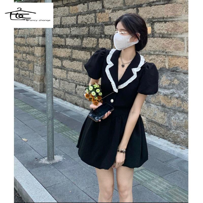 Đầm Ngắn Tay Phồng Màu Đen Phong Cách Pháp Cổ Điển Thời Trang Mùa Xuân Cho Nữ 2022
