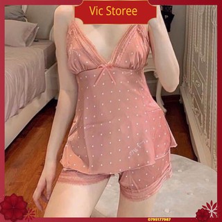 Bộ đồ ngủ cao cấp chất lụa họa tiết chấm bi siêu xinh
