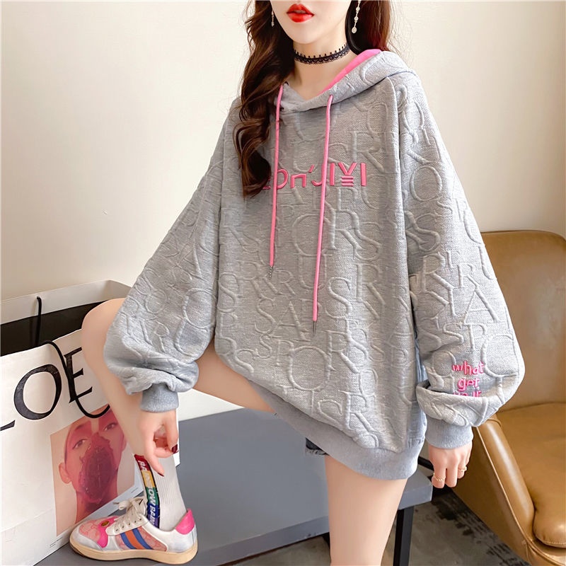 Áo hoodie plus size thêu chữ phong cách Hàn Quốc cho nữ