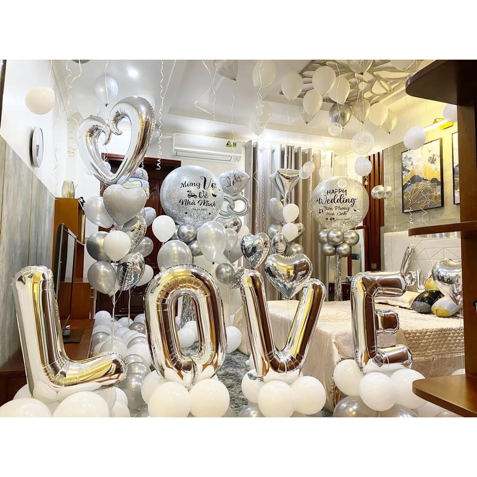 Bộ Bóng Bay Trang Trí Phòng Cưới Happy Wedding Tông Bạc Đầy Đủ Phụ Kiện Tự Làm - Set Vip MS0000