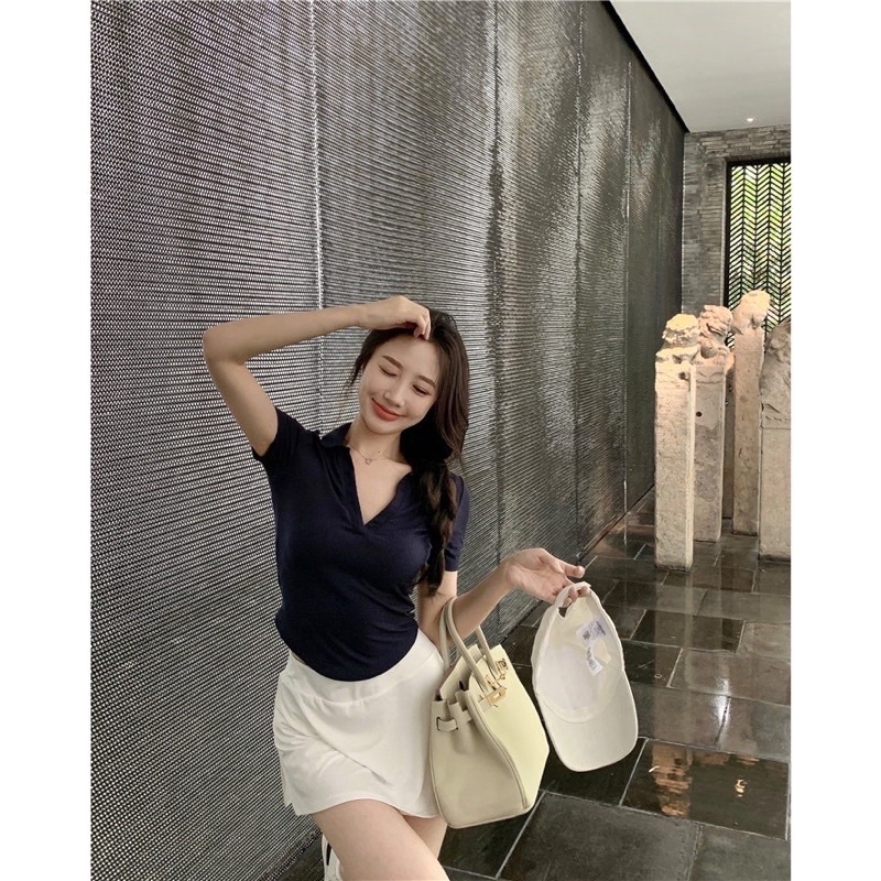 Áo croptop polo bo eo vạt bầu tay cộc Michi siêu tôn dáng, áo cổ Đức vạt bầu chất thun lạnh