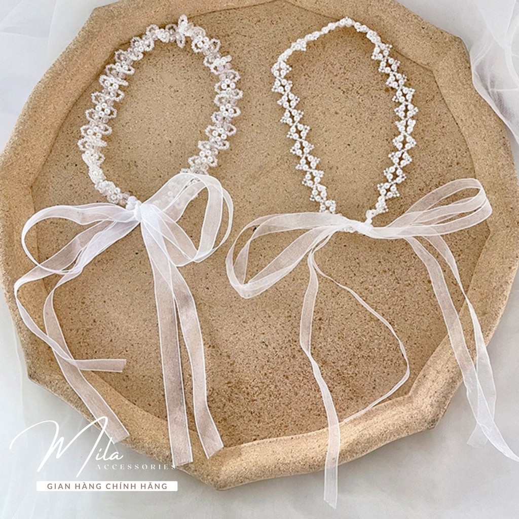Băng đô cài tóc nữ đẹp cute MILA B101❤️ XU HƯỚNG ❤️ lớp ruy băng lụa thắt nơ xinh xắn kết hợp hạt ngọc Mila Accessories
