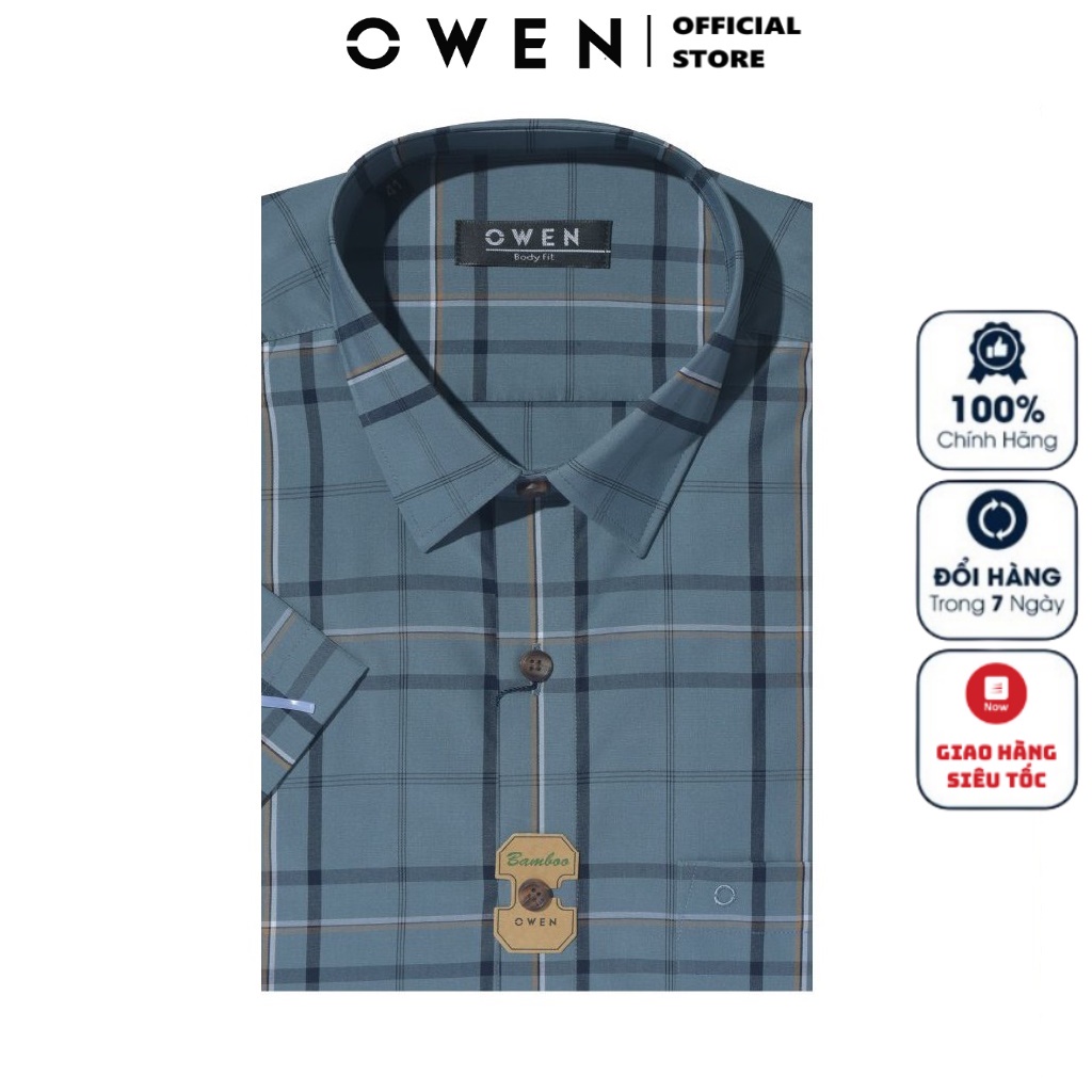 Áo Sơ Mi Nam Ngắn Tay OWEN BA220052NT Somi Công Sở Cao Cấp Kẻ Caro Lớn Xanh Xám Navy Be Vải Sợi Tre Dáng Suông Tà Bằng