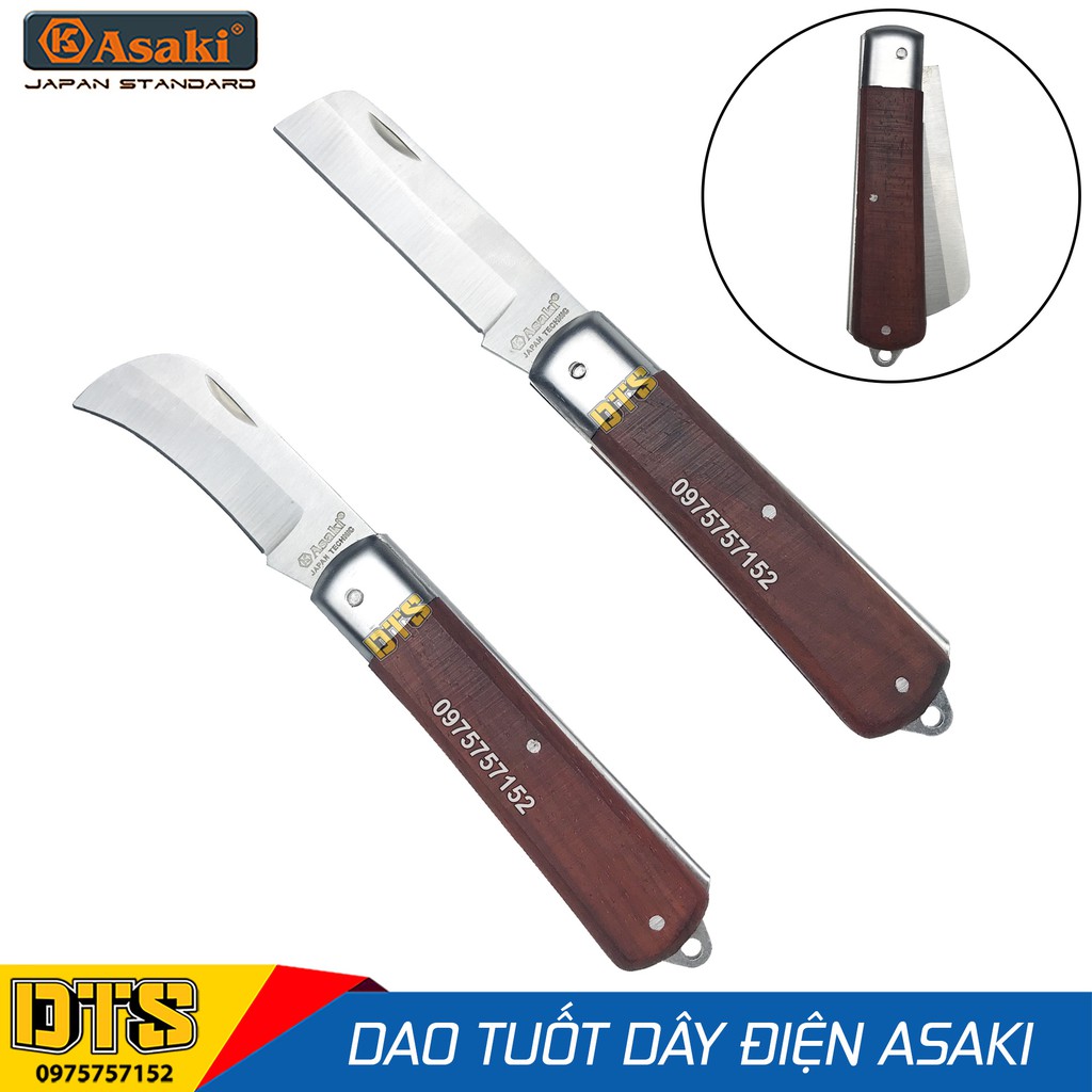 Bộ 2 dao tuốt dây điện lưỡi thẳng, lưỡi cong Asaki, dao rọc cáp, gọt vỏ dây điện, thép không gỉ, cán ốp gỗ đỏ