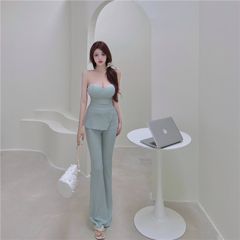 Set Áo Cúp Ngực + Quần Dài Lưng Cao Ống Loe Thời Trang Hàn Cho Nữ
