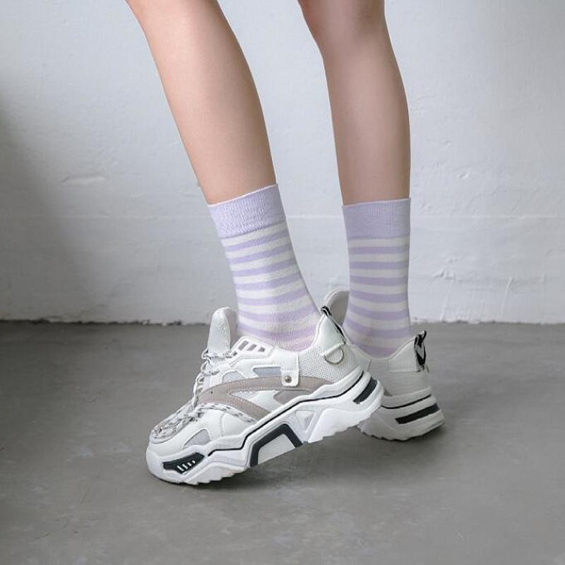 Đôi vớ cotton dài màu tím họa tiết kẻ sọc/caro thời trang cho nữ