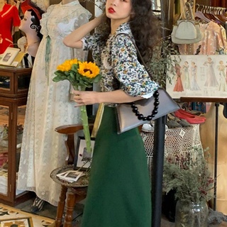 Set Áo Sơ Mi Phối Chân Váy Hoa Dài Màu Xanh Lá Kiểu Retro Pháp Dễ Thương