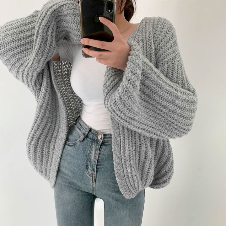 Áo Khoác Cardigan Dệt Kim Cổ Chữ V Dáng Rộng Màu Sắc Đơn Giản Cho Nữ