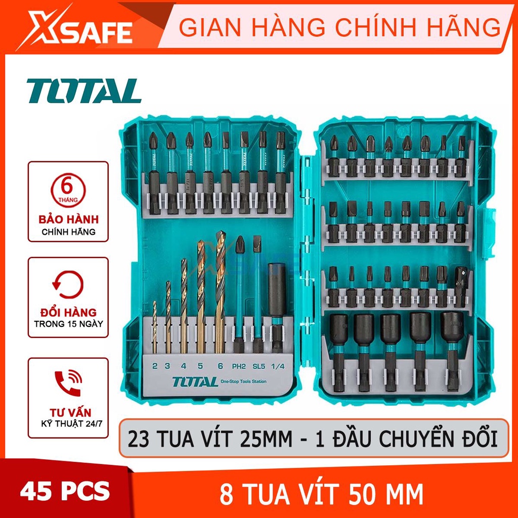 Bộ 45 mũi siết vít TOTAL TACSDL24502 gồm đầu vít, đầu chuyển đổi, mũi khoan HSS và đai ốc từ tính - chính hãng