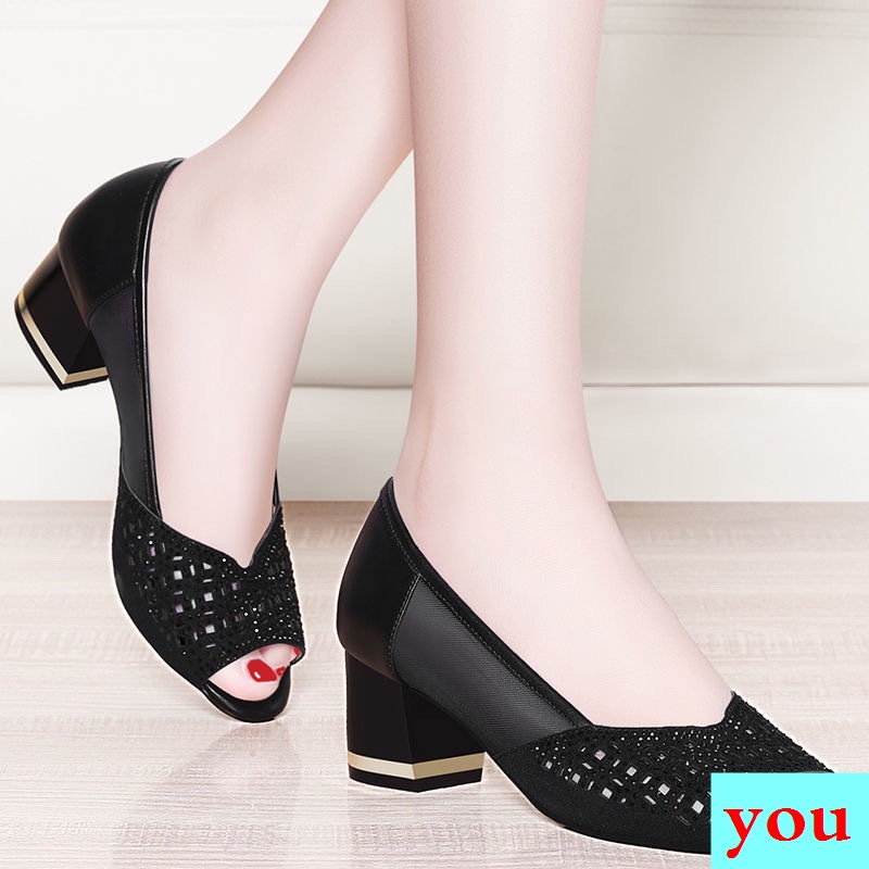 Giày Sandal Cao Gót Kiểu Lưới Đính Đá Thoáng Khí Thời Trang Nữ Trung Niên 40-50 Tuổi