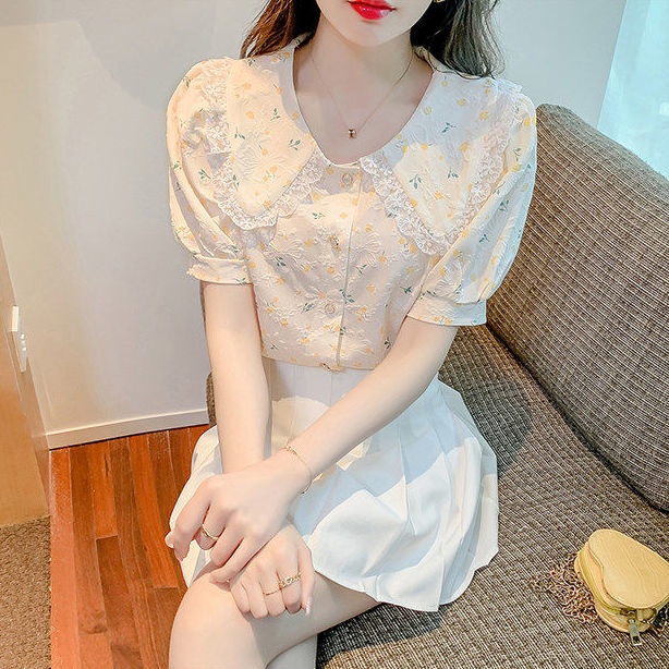 Áo Kiểu Tay Ngắn Họa Tiết Hoa Phong Cách Pháp Ngọt Ngào