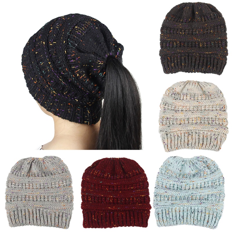 Mũ Beanie Dệt Kim Giữ Ấm Đuôi Ngựa Chất Lượng Cao Cho Nữ