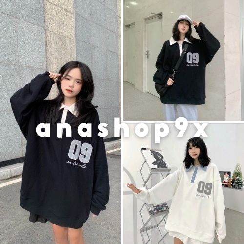 Áo polo tay dài in số 09  Áo sweater cổ bẻ form thụng trùm mông vải chân cua dày mịn ANASHOP9X