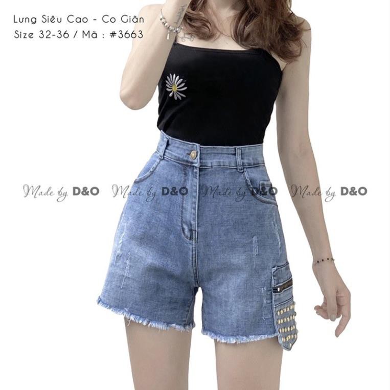 [Size 32-36] Quần Đùi Bò Cạp Cao - Quần Short Lưng Cao Trên Rốn Phối Túi Đinh Xanh Đá Nhạt ་