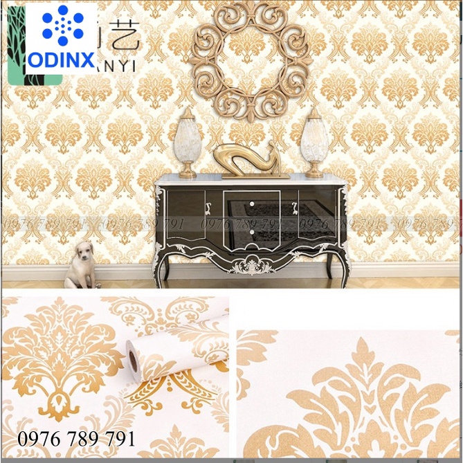 Giấy Dán Tường Màu Vàng Vân Nổi Có Keo Sẵn Cuộn 10m
