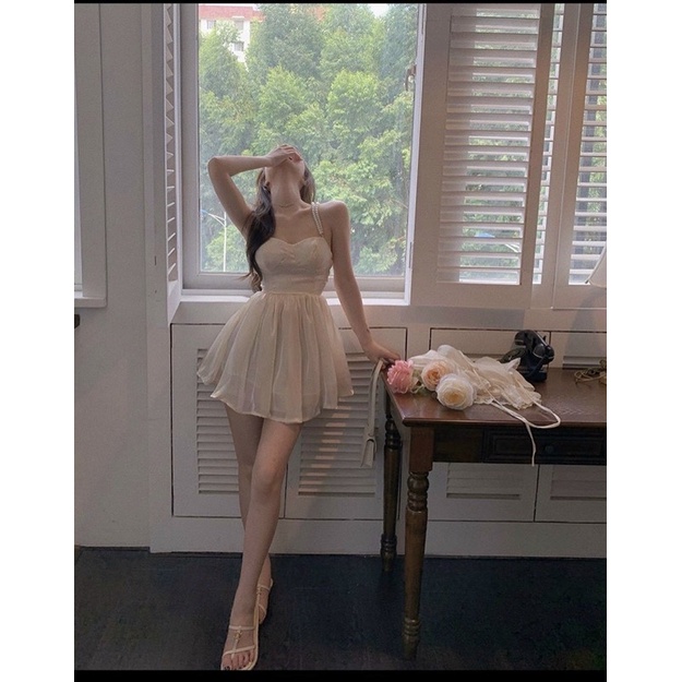 Đầm be dây ngọc tơ organza váy công chúa có sẵn